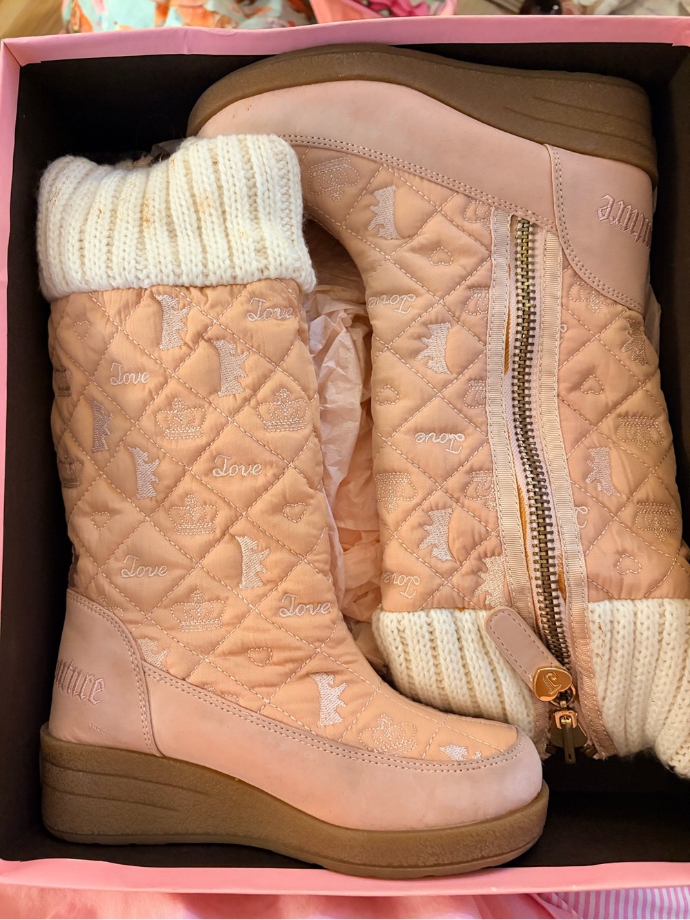 Juicy Couture Pink Quilted Wedge Boots with Cream Knit Cuff